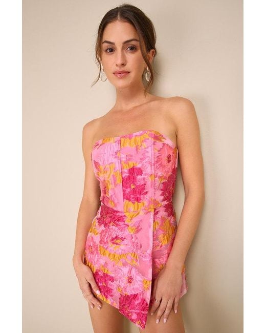 Lulus Pink Sensational Excellence Jacquard Strapless Skort Romper