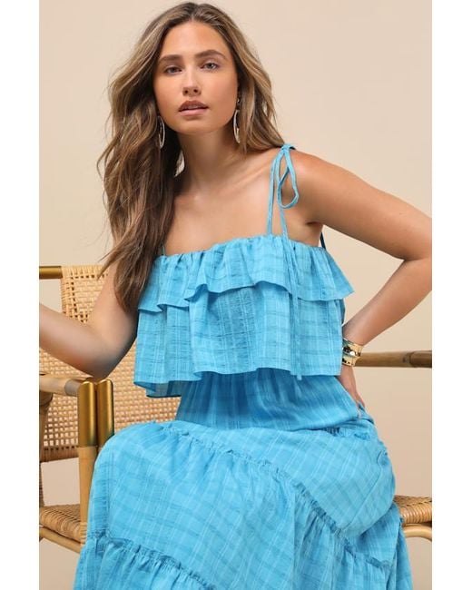 Lulus Blue Inaya Aqua Textured Tie-Strap Tiered Maxi Dress