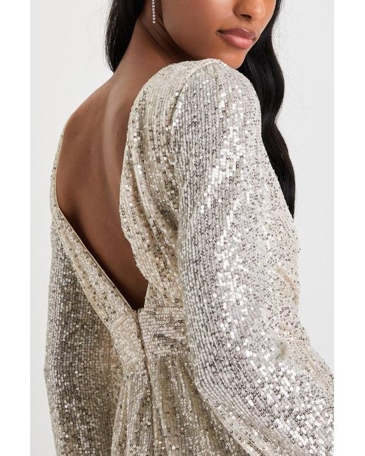Lulus Natural Watch Me Shine Sequin Plunge Long Sleeve Romper
