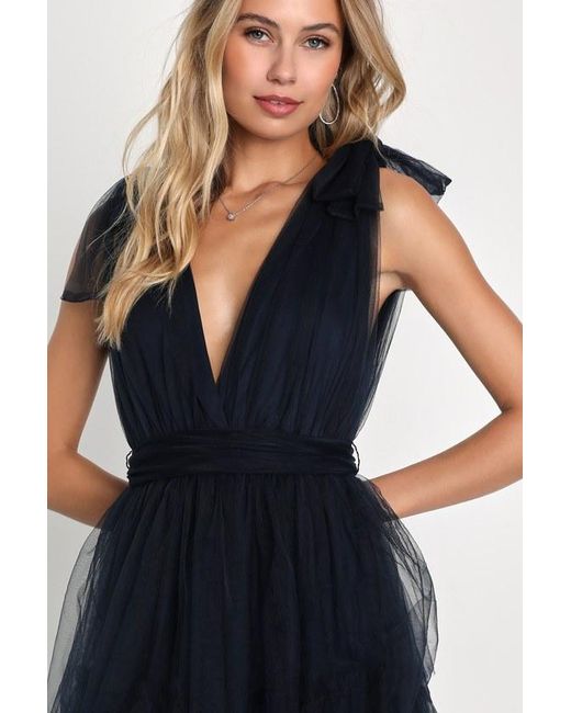 Lulus Blue Flawless Arrival Tulle Tie-Strap Tiered Maxi Dress
