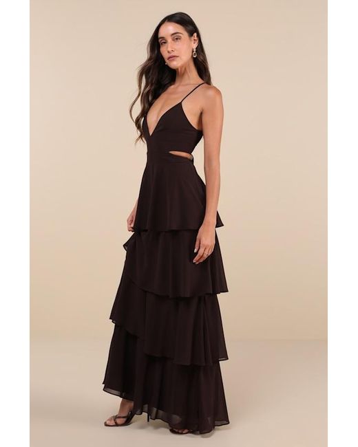 Lulus Tier And Now Dark Tie-Back Tiered Maxi Dress in Black | Lyst
