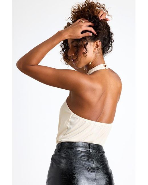 Lulus Black Jamison Cream Jersey Knit Cross-Front Halter Bodysuit