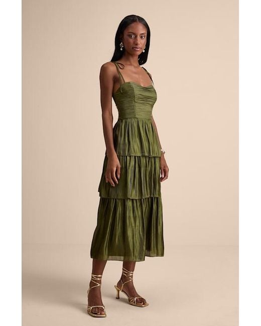 Lulus Green Tennon Plisse Tiered Midi Dress