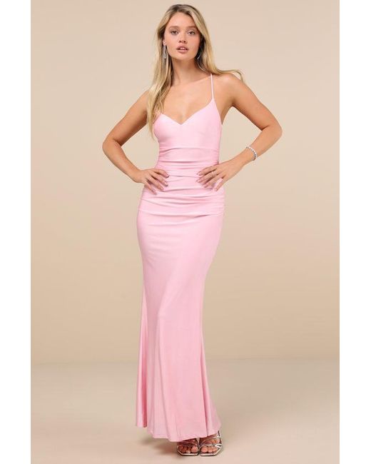 Lulus Pink Elese Slinky Knit Lace-Up Mermaid Maxi Dress