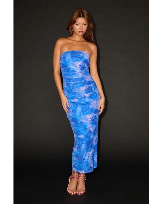 Lulus Blue Late Night Crush Multi Mesh Ruched Strapless Midi Dress