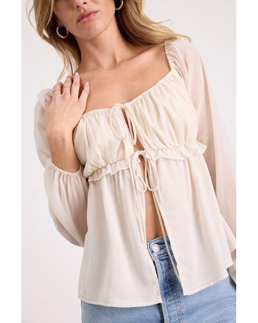 Lulus Natural Lemmie Chiffon Tie-Front Long Sleeve Top