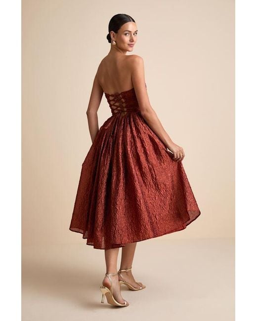 Lulus Red Analeia Rust Jacquard Lace-Up Strapless Midi Dress