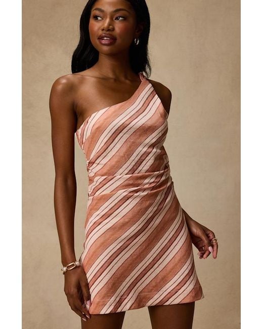 Lulus Brown Marketta Terracotta Striped One-Shoulder Mini Dress