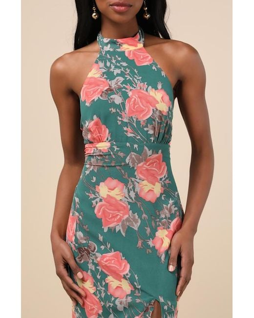 Lulus Blue Elegant Entrance Floral Print Halter Maxi Dress