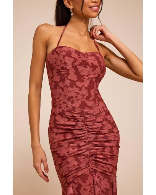 Lulus Red Dimona Rusty Rose Floral Burnout Ruched Maxi Dress