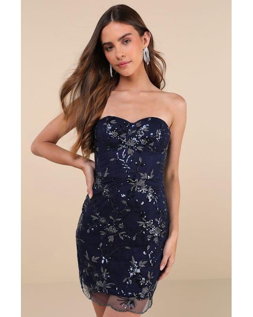 Lulus Blue Confident Sensation Sequin Strapless Bustier Mini Dress