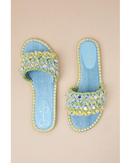 Jessica Simpson Blue Brennara Chambre Lizard Woven Rhinestone Slide Sandals