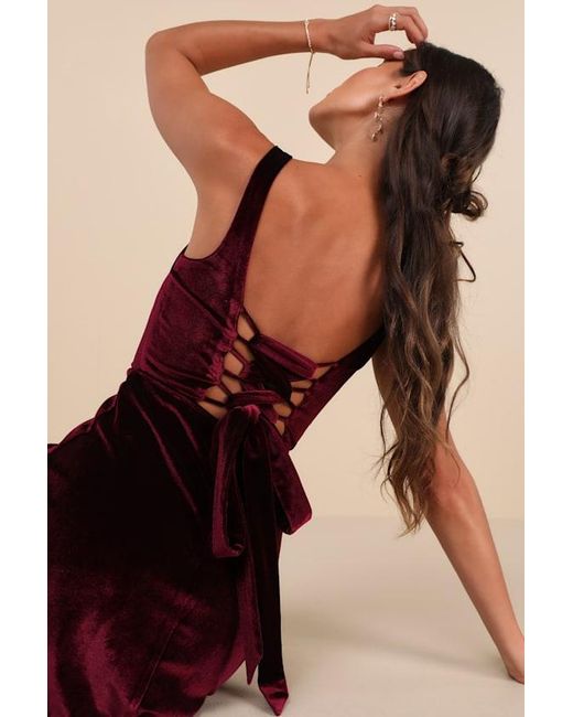 Lulus Red Graceful Invite Dark Plum Velvet Square Neck Lace-Up Maxi Dress