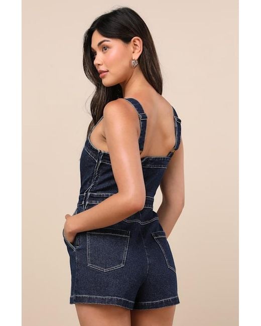 Lulus Blue Thema Dark Wash Denim Button-Front Romper