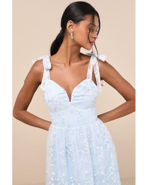 Lulus Blue Distinctly Sweet Floral Embroidered Tie-Strap Midi Dress