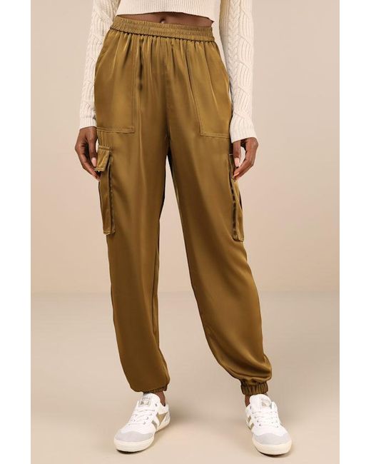 Lulus Chic Dedication Satin High Rise Cargo Jogger Pants in Natural Lyst UK