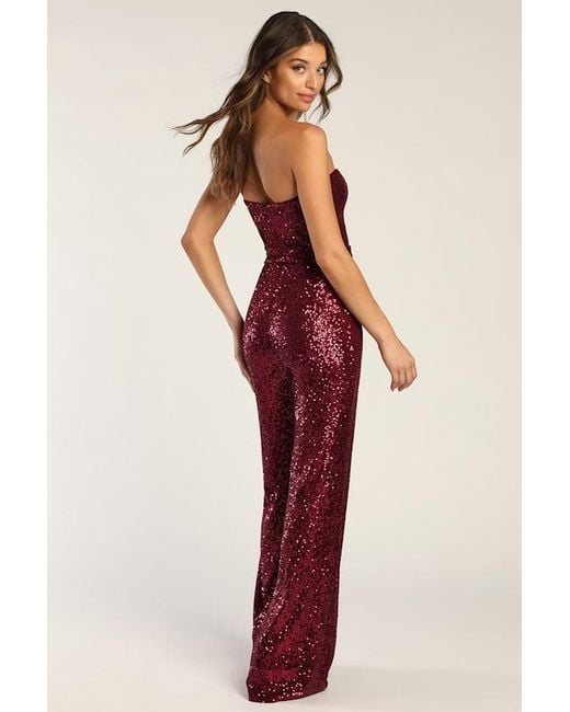 Lulus Red Flirty Moves Sequin Strapless Wide-Leg Jumpsuit