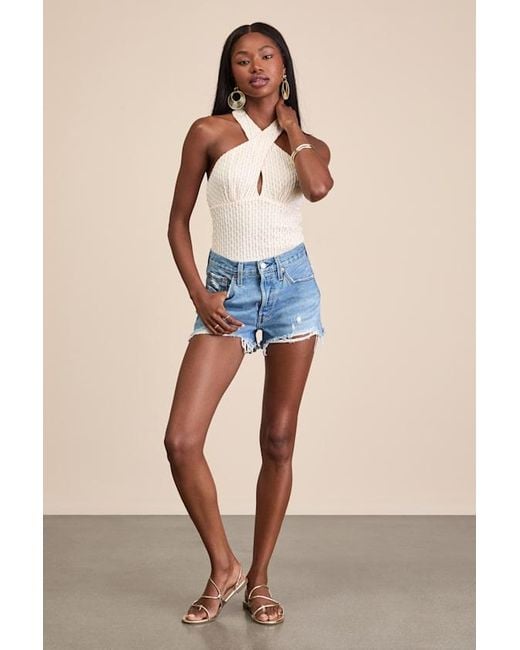 Lulus Blue Sidia Cream Textured Knit Cross-Front Bodysuit