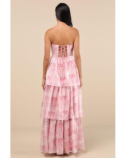 Lulus Pink Kamella Floral Pleated Strapless Tiered Maxi Dress