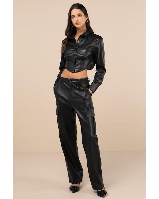 Lulus Black Exceptionally Intriguing Vegan Leather Button-Front Top