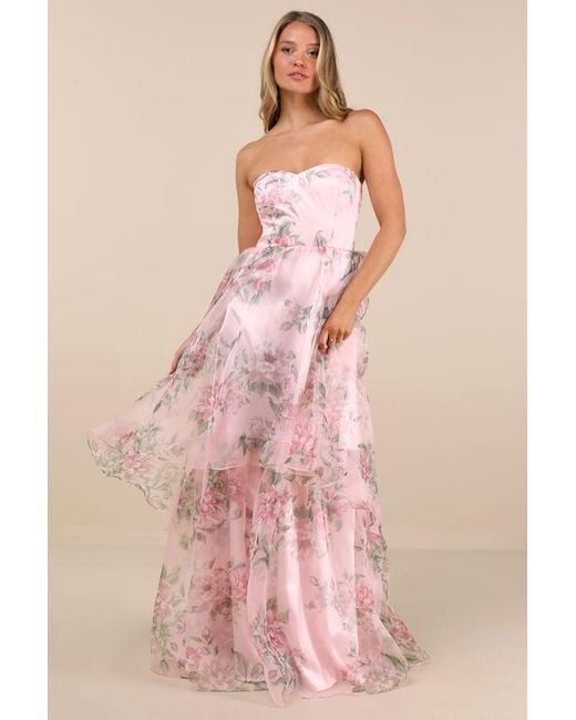 Lulus Pink Truly Extraordinary Floral Organza Strapless Maxi Dress