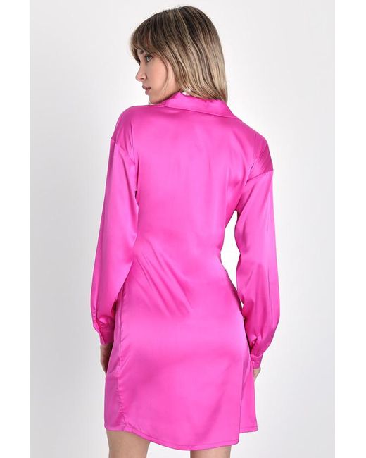 Lulus Pink Total Sweetness Hot Satin Long Sleeve Shirt Dress