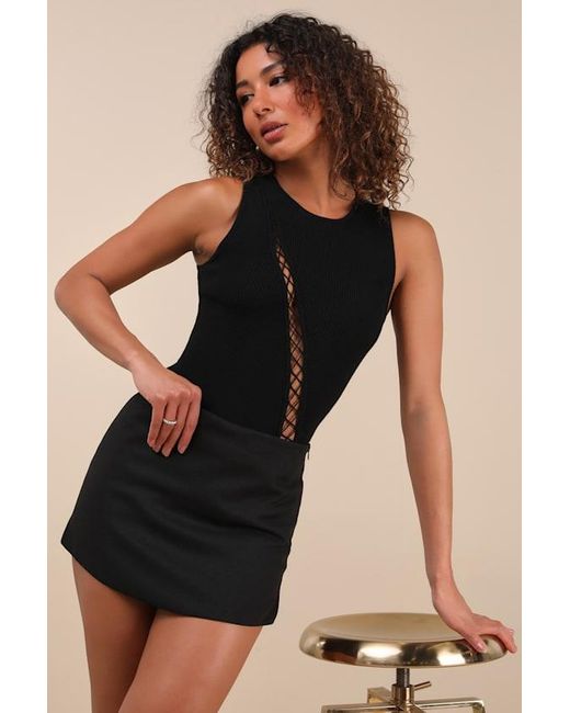 Lulus Black Jalani Ribbed Cutout Sleeveless Bodysuit