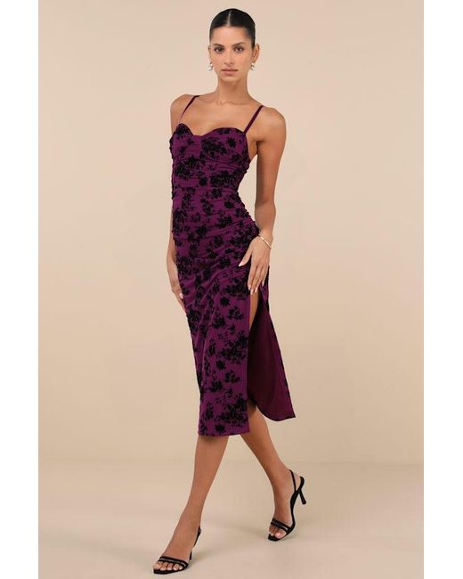 Lulus Purple Decadent Flirt Mesh Velvet Ruched Bodycon Midi Dress