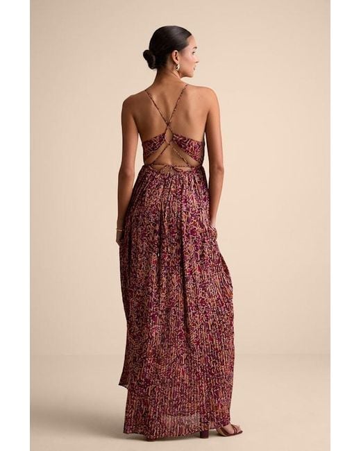 Lulus Red Kit Plum Multi Floral Pleated Lace-Up Maxi Dress