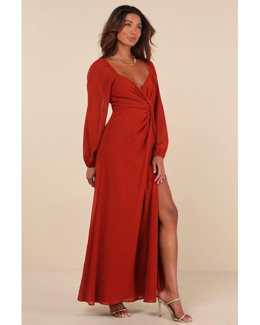 Lulus Red Composed Soiree Twist-Front Long Sleeve Maxi Dress