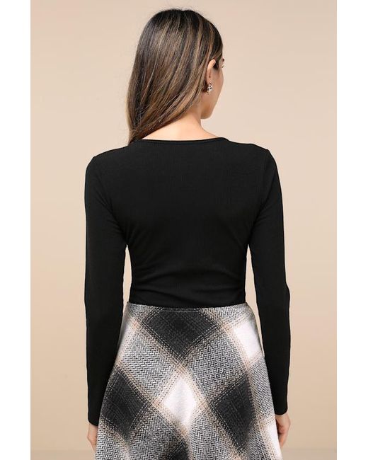Lulus Black Lovely Ties Ribbed Knit Tie-Front Long Sleeve Bodysuit