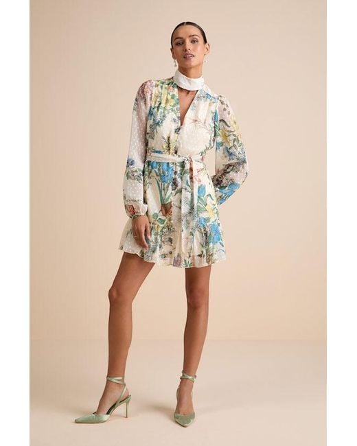 Lulus White Ayame Floral Swiss Dot Balloon Sleeve Mini Dress