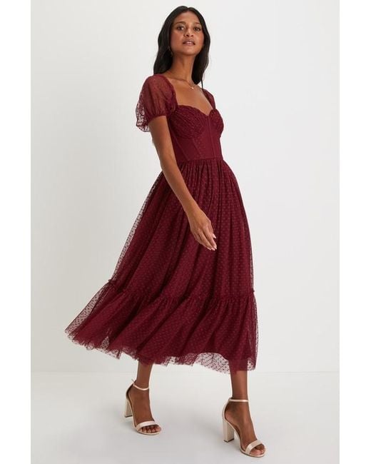 Lulus Sweet Amor Tulle Swiss Dot Tiered Bustier Midi Dress