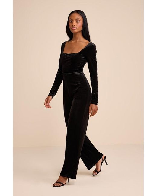 Lulus Black Asalia Velvet Lace-Up Long Sleeve Straight-Leg Jumpsuit
