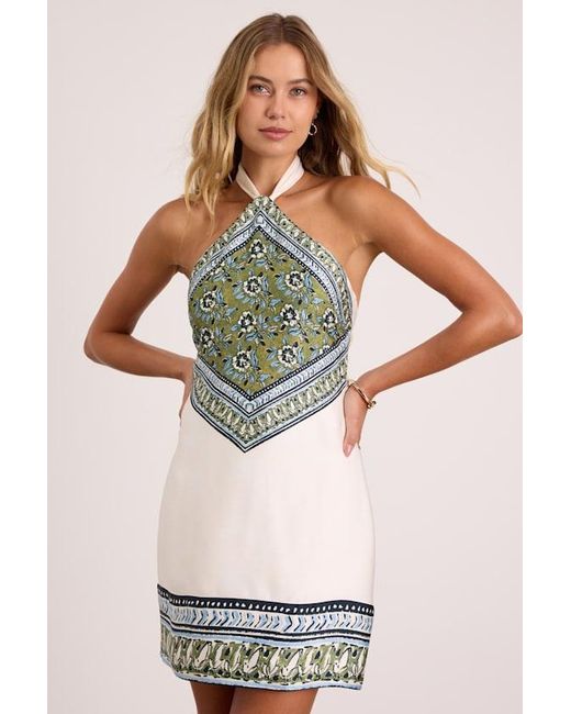 Lulus White Ayson Ivory And Scarf Print Halter Mini Dress