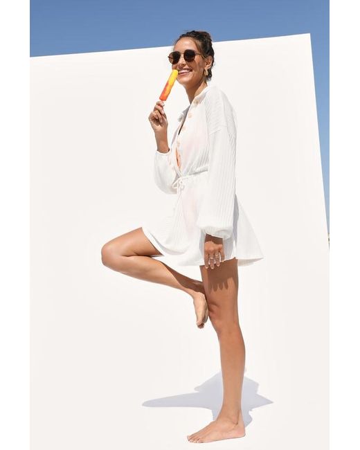 Lulus White Oasis Awaits Ribbed Button-Up Mini Swim Cover-Up