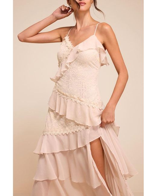 Lulus Natural Shay Cream Tiered Lace Midi Dress