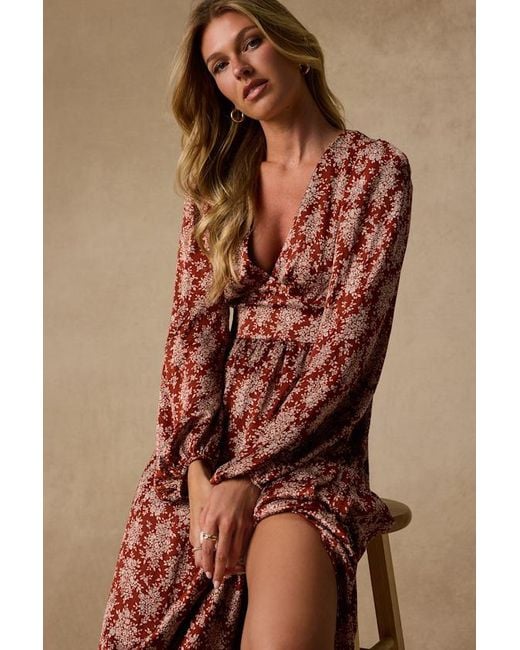 Lulus Brown Graceful Impression Floral Print Midi Dress