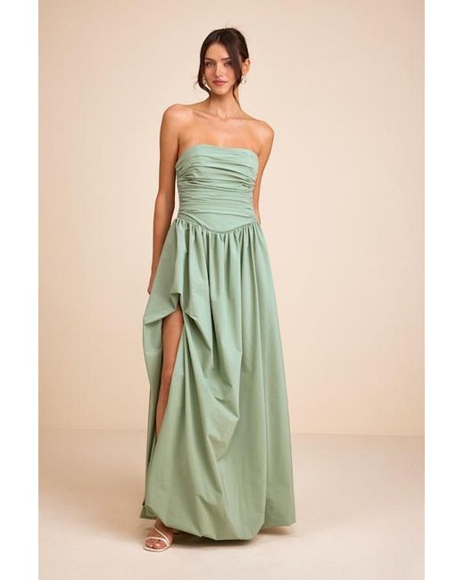 Lulus Marilou Strapless Ruched Lace-Up Maxi Dress in Green | Lyst