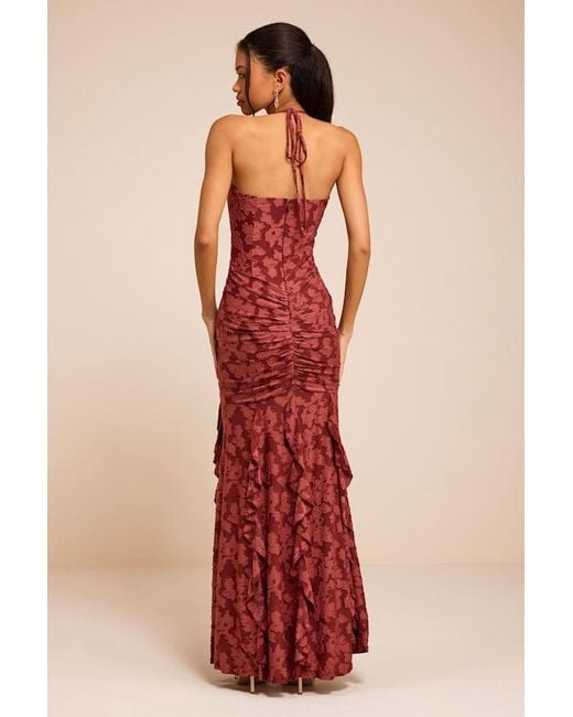Lulus Red Dimona Rusty Rose Floral Burnout Ruched Maxi Dress