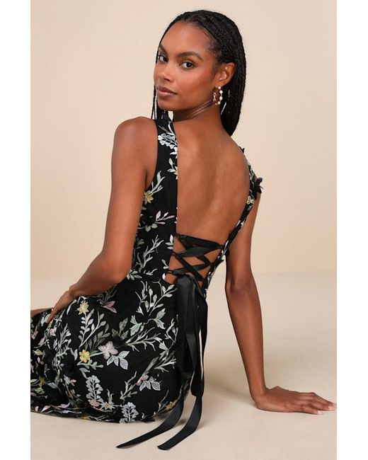 Lulus Natural Elegant Composure Floral Embroidered Lace-Up Maxi Dress