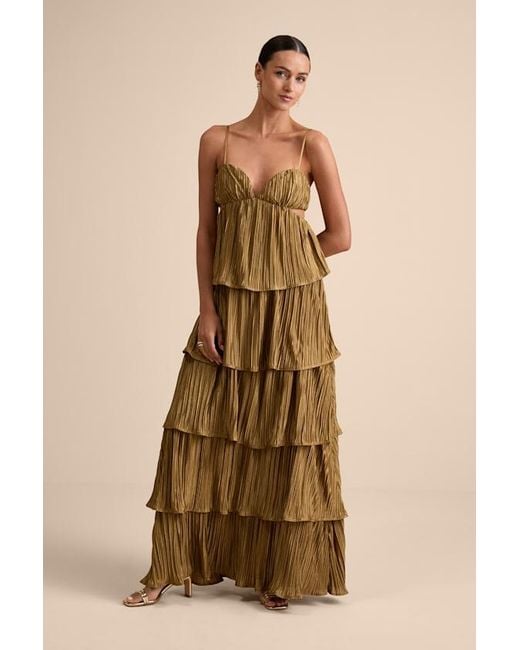 Lulus Natural Kanya Satin Plisse Tiered Maxi Dress