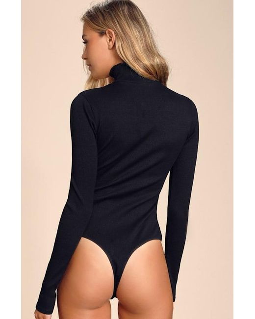 Lulus Basics Black Wilde Ribbed Long Sleeve Mock Neck Bodysuit