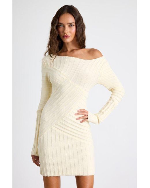 Lulus Natural Penelope Cream Ribbed Off-The-Shoulder Sweater Mini Dress
