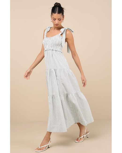 Lulus Natural Bembe Sage Striped Tie-Strap Tiered Maxi Dress