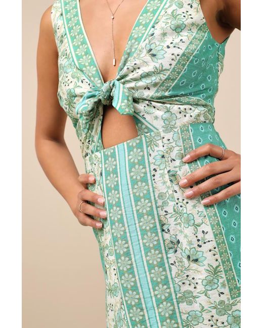 Lulus Green Silvana Multi Floral Knot-Front Mini Dress