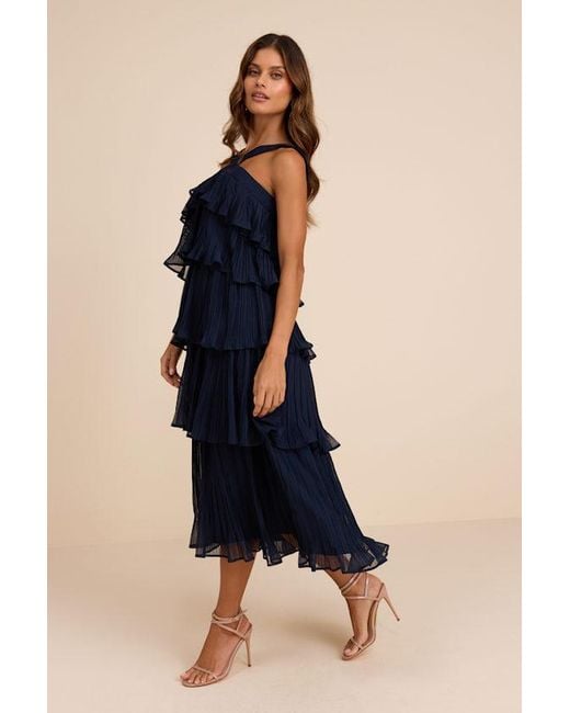 Lulus Blue Lauretta Plisse Tiered Midi Dress