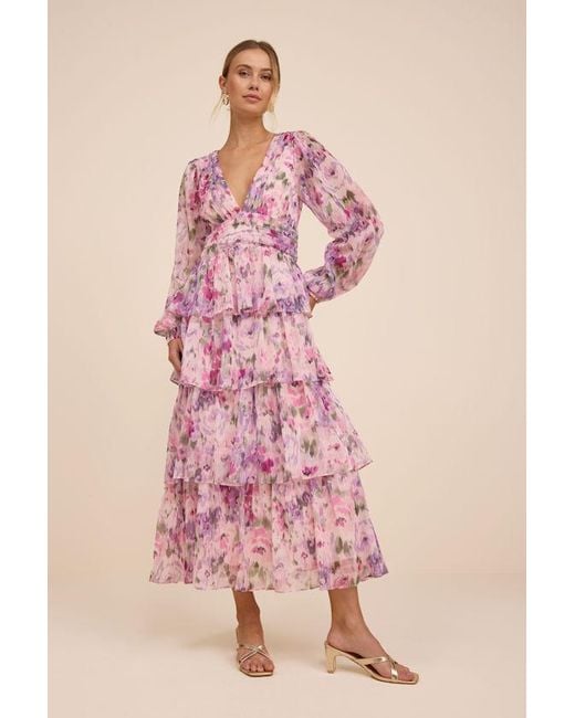 Lulus Pink Macy Blush Multi Floral Tiered Midi Dress