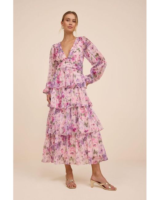 Lulus Pink Macy Blush Multi Floral Tiered Midi Dress