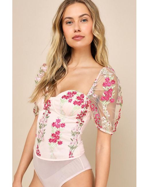 Lulus Pink Essence Of Elegance Embroidered Floral Bustier Bodysuit